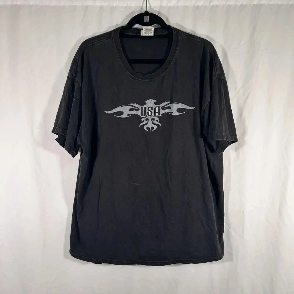 Vintage USA Shirt Men's XXL Black Short Sleeve Crew Neck 100% Cotton